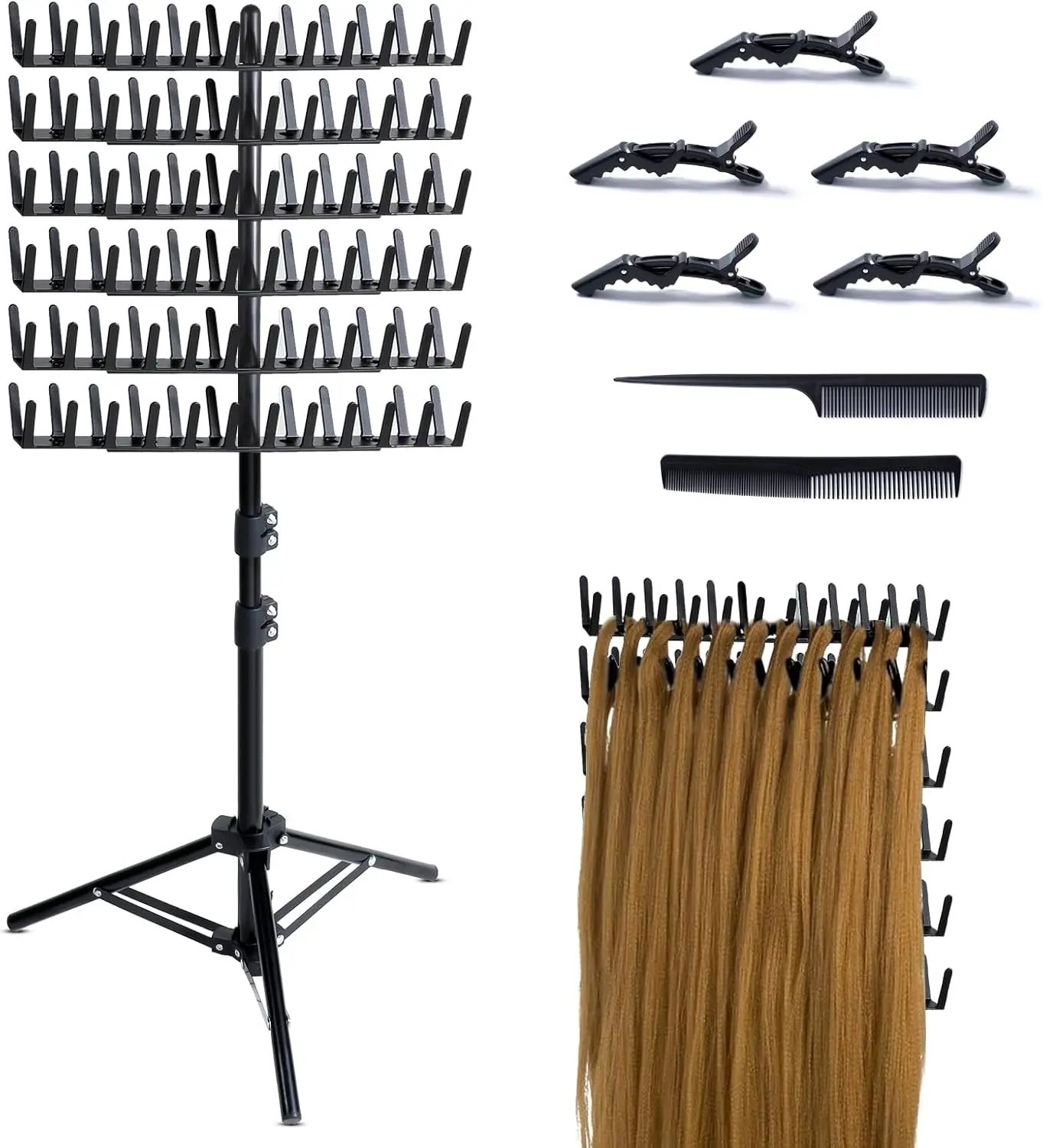 Eastdone Efficient Hair Braiding Rack - Double-Sided 144-Peg Hair Extensions Divider Holder, Durable Stable Easy-to-Assemble Adjustable Height Tool for Braiders, Black Space-Saving Home Organizer, Durable, Stable, And Easy To Assemble