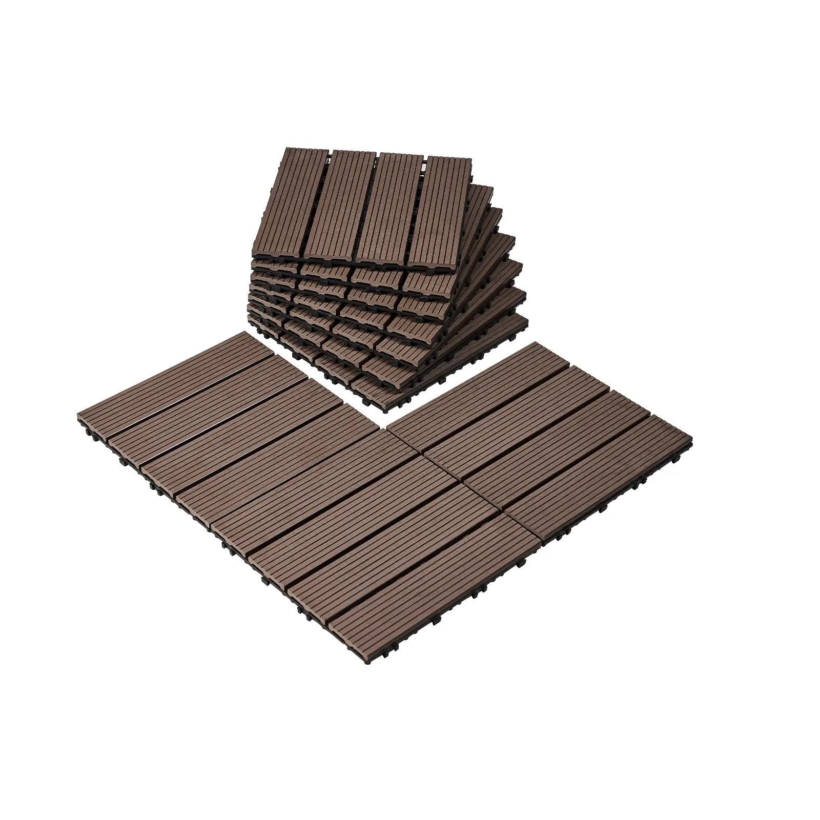 VEVOR Wood-Plastic Interlocking Parquet Flooring, 10 Tiles (11.6x11.6in/10 Sq Ft), 0.8 Inches Thick, 440 lbs Load Capacity, Durable, Low-Maintenance, Easy to Clean, Green-Minded, Weatherproof, Slip-Proof, Dark Brown Click-Top for Patio & Indoor Shower#Bac