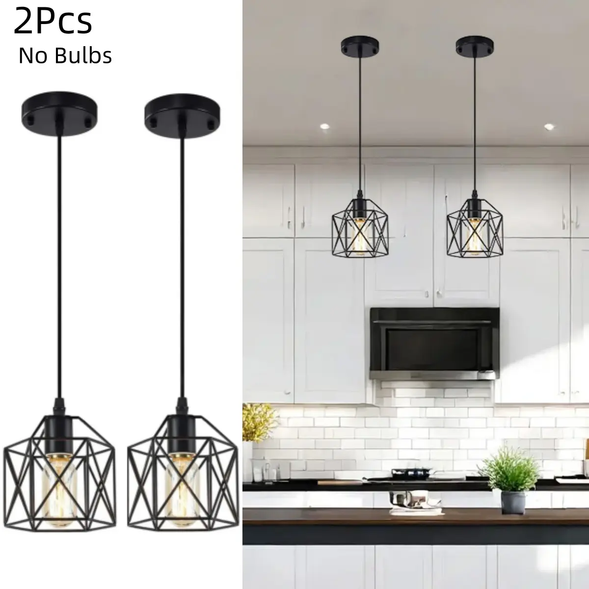 2-Piece Industrial Geometric Cage Pendant Lights, Metal Hanging Ceiling Lamp, Ceiling Light Fixture, Suitable for Kitchen, Island, Dining Room, Hallway, Home Decor Lighting, Decorative Lamp