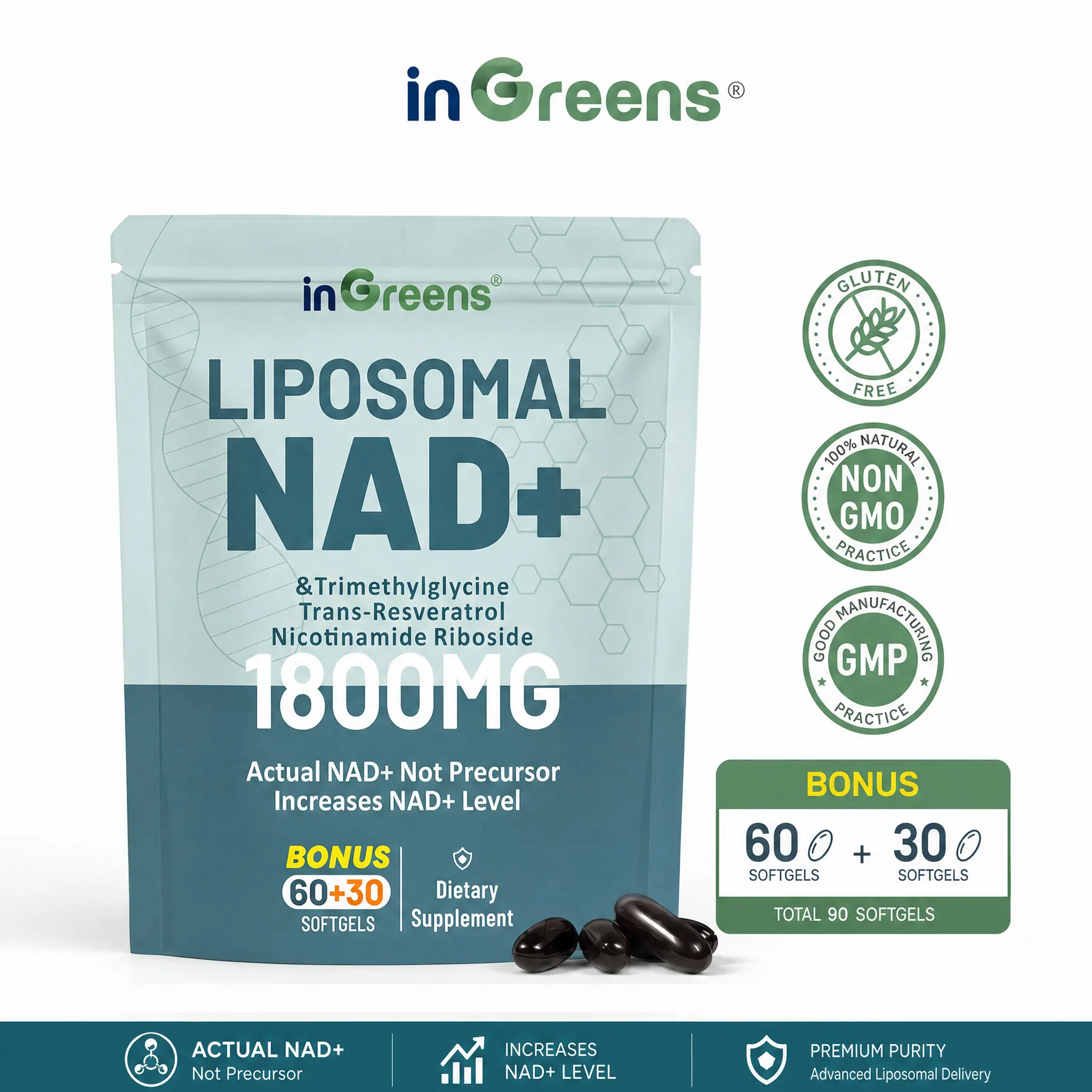 INGREENS Edible NAD+ Healthcare Dietary Supplement - 1800mg Pure Liposomal Antioxidant, Gluten-Free, GMO-Free, Energy & Stamina Support, DNA Repair - 90 Counts (45 Days Supply), Multi-Pack