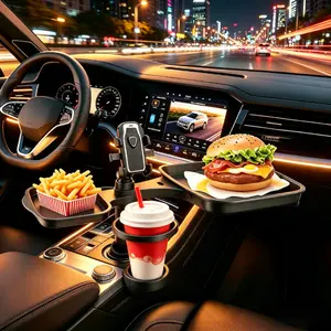 4-in-1 Car Cup Holder Tray & Tablet/Phone Mount Dual Expandable Base ABS Adjustable Rotatable Cradle Compatible with 4.7-13" Devices