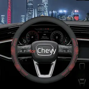 Leather Steering Wheel Cover for Chevy Silverado 1500 2500 3500, 14.5-15 inches  Steering Wheel Cover with Non-Slip Breathable (Red)