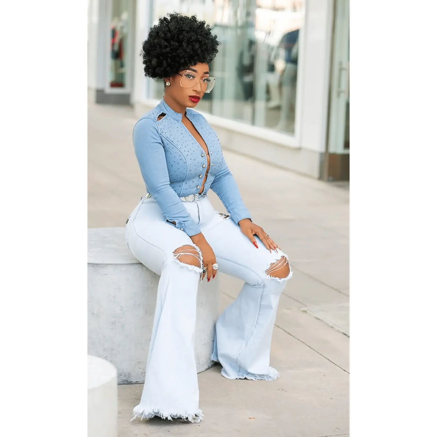 Classy & Sassy | Denim Studded Bodysuit FINAL SALE C9