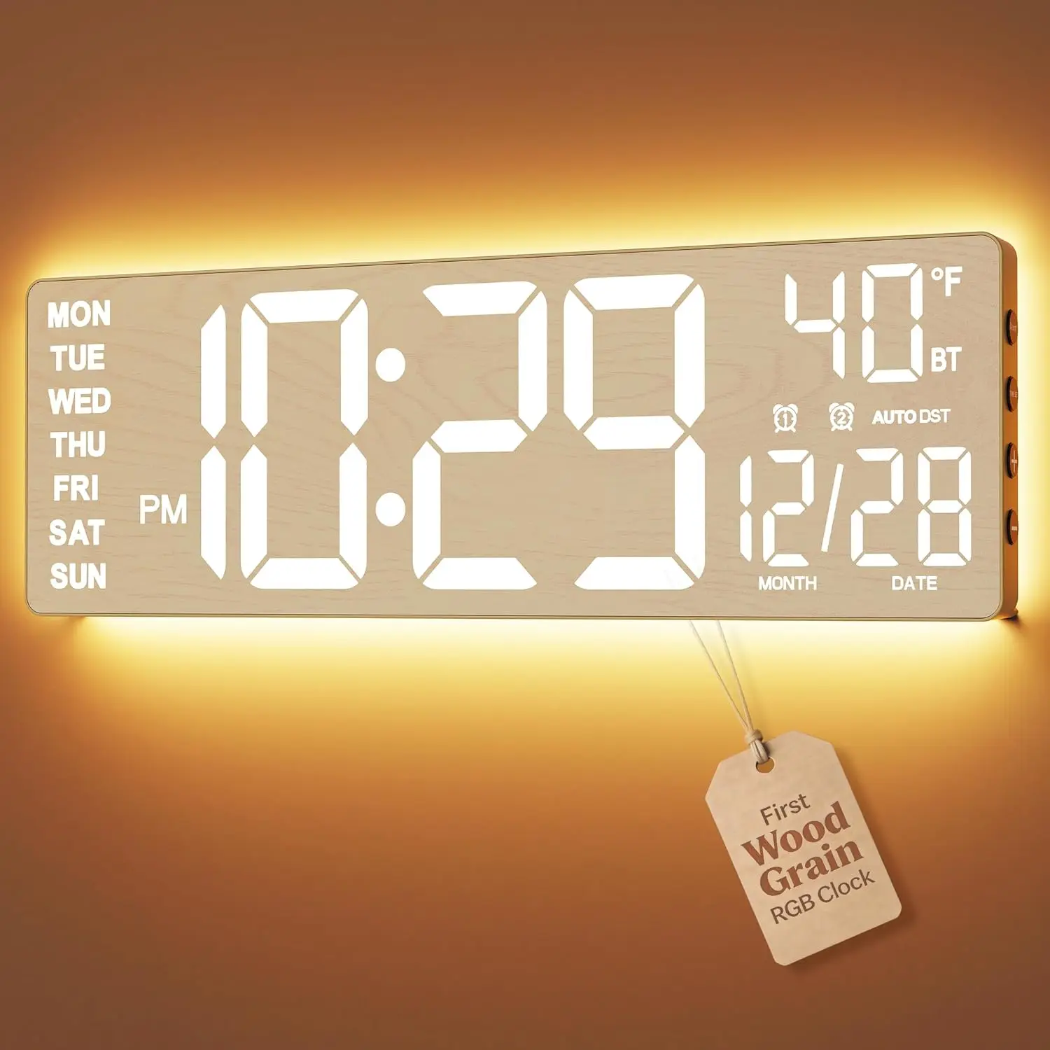 <Light Up Every Match Night>EASYERA 16.5" Large Wood Grain Digital Wall Clock with Remote Control RGB Atmosphere Lights 11 Scenes Dual Alarms LED Display for Livingroom Classroom, Office, Game, Craft Room, Game-Changer for Seniors & Elderly, Grey & Kids