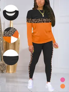 Women's autumn and winter round neck long-sleeved fitted trousers suit leisure sports home, classic splicing color matching autumn and winter basic style, suitable for home gatherings