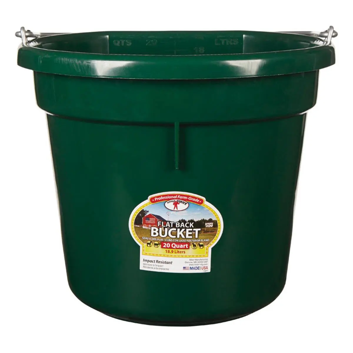 Little Giant 7404056 Heavy-Duty 20 qt. Round Green Polyethylene Handle Bucket - Flat Back, 11-1/2" Dia, 8-1/2" Height, Durable for Ranch Use, Specialty Garden Tool