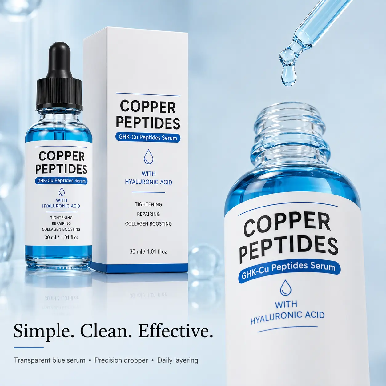 HOYGI Copper Peptides Serum with GHK-Cu & Hyaluronic Acid, Lightweight Hydrating Face Serum for Firmer, Smoother-Looking Skin, Daily Barrier Care, All Skin Types, 30ml