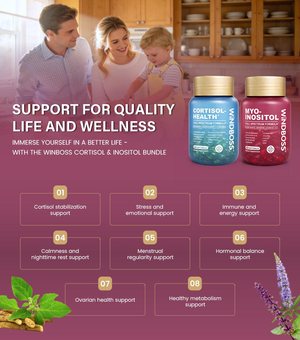 WindBoss Cortisol Support + Myo-Inositol with Vitamins D3 & K2, Magnesium, KSM-66 Ashwagandha and L-Theanine, for Hormonal Balance and Healthy Metabolism, 2-Bottle Set