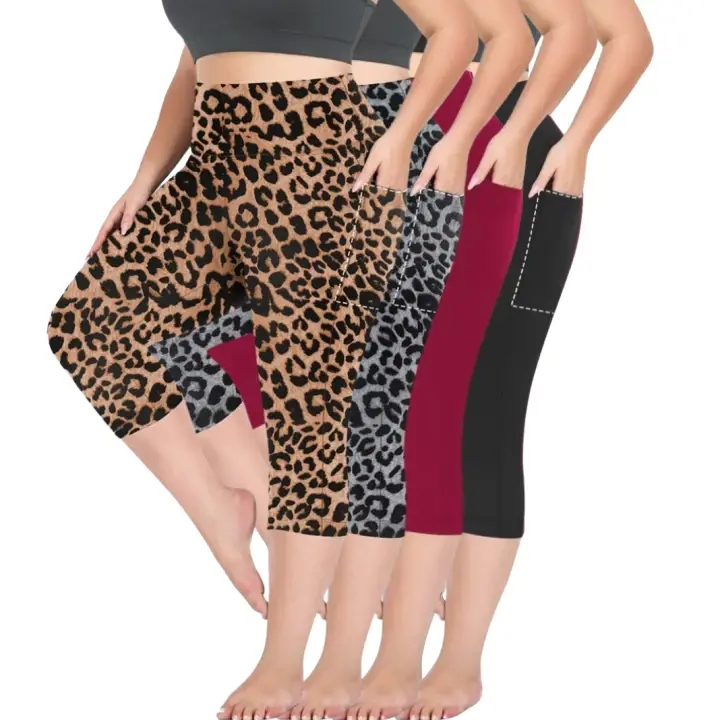 Women's Plus Size High-Waisted Tummy Control Capri Leggings - 4-Pack Buttery Soft Compression Capris with Pockets, Female Fitness Pants, Casual Gym Wear, Capri Pants