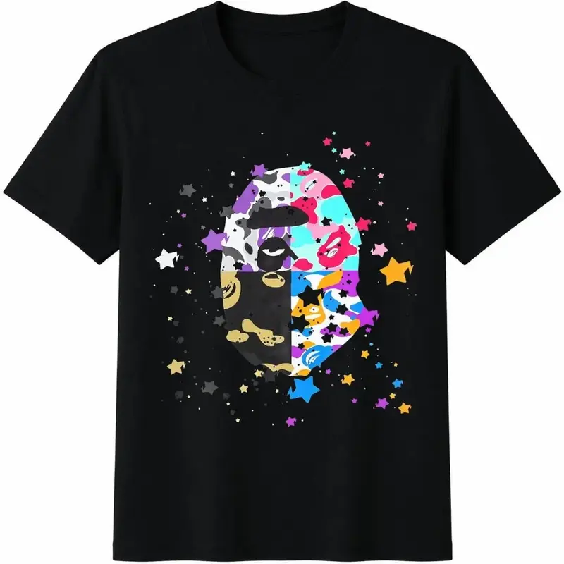 Us College Sta Tee, Men's Multicolor Camo Ape Head Star Print Oversized Cotton T-Shirt,Graphic Tee,Father Day Gift,Funny T Shirt,,,Sum