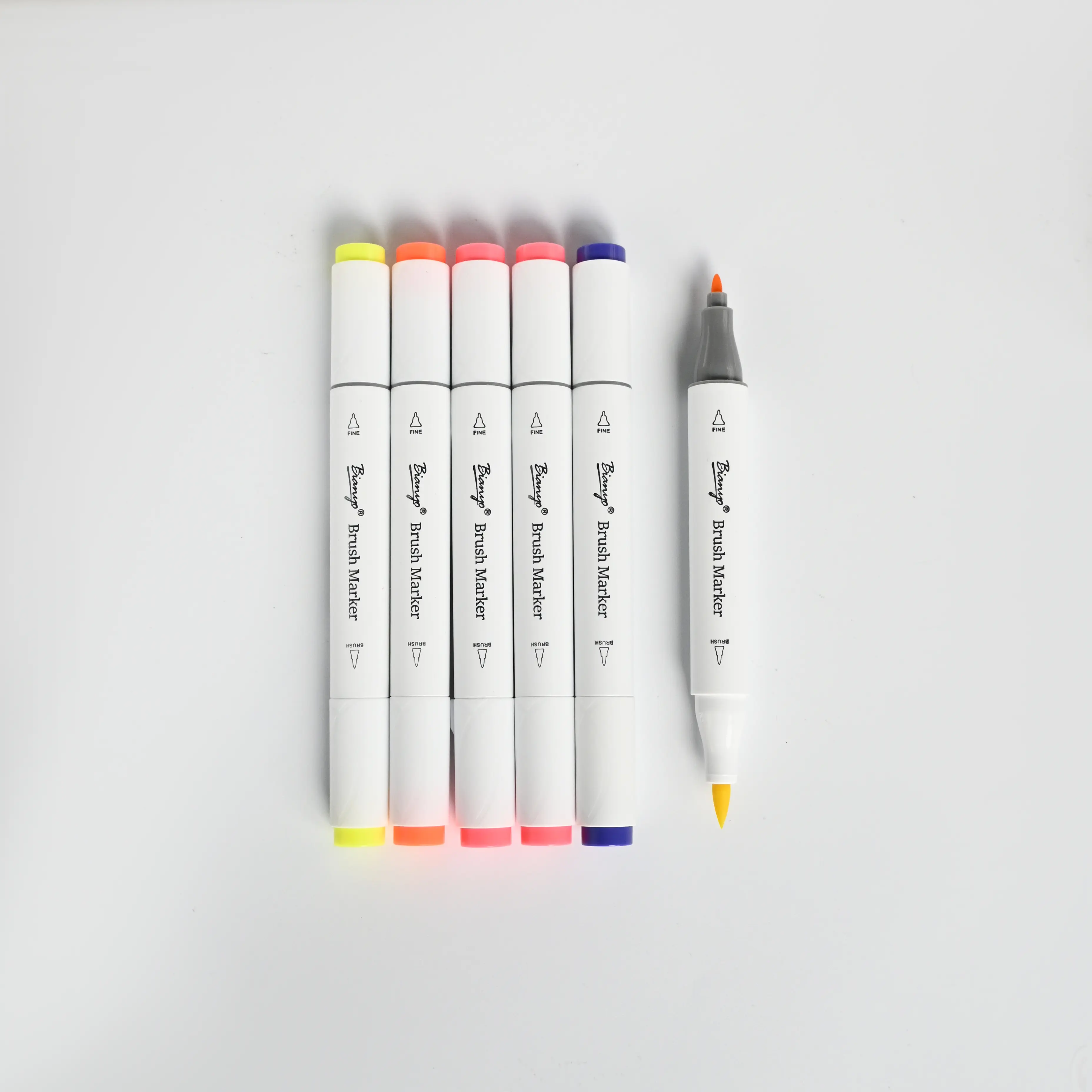 Bianyo 6-Pack Fluorescent Alcohol Brush Markers – Neon Color Set, Dual-Tip Brush & Fine Markers for Adult Coloring Books, Drawing, Highlighting & Back to School Art Supplies