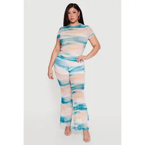 Plus Size Printed Pattern Flare Leg Mesh Pants