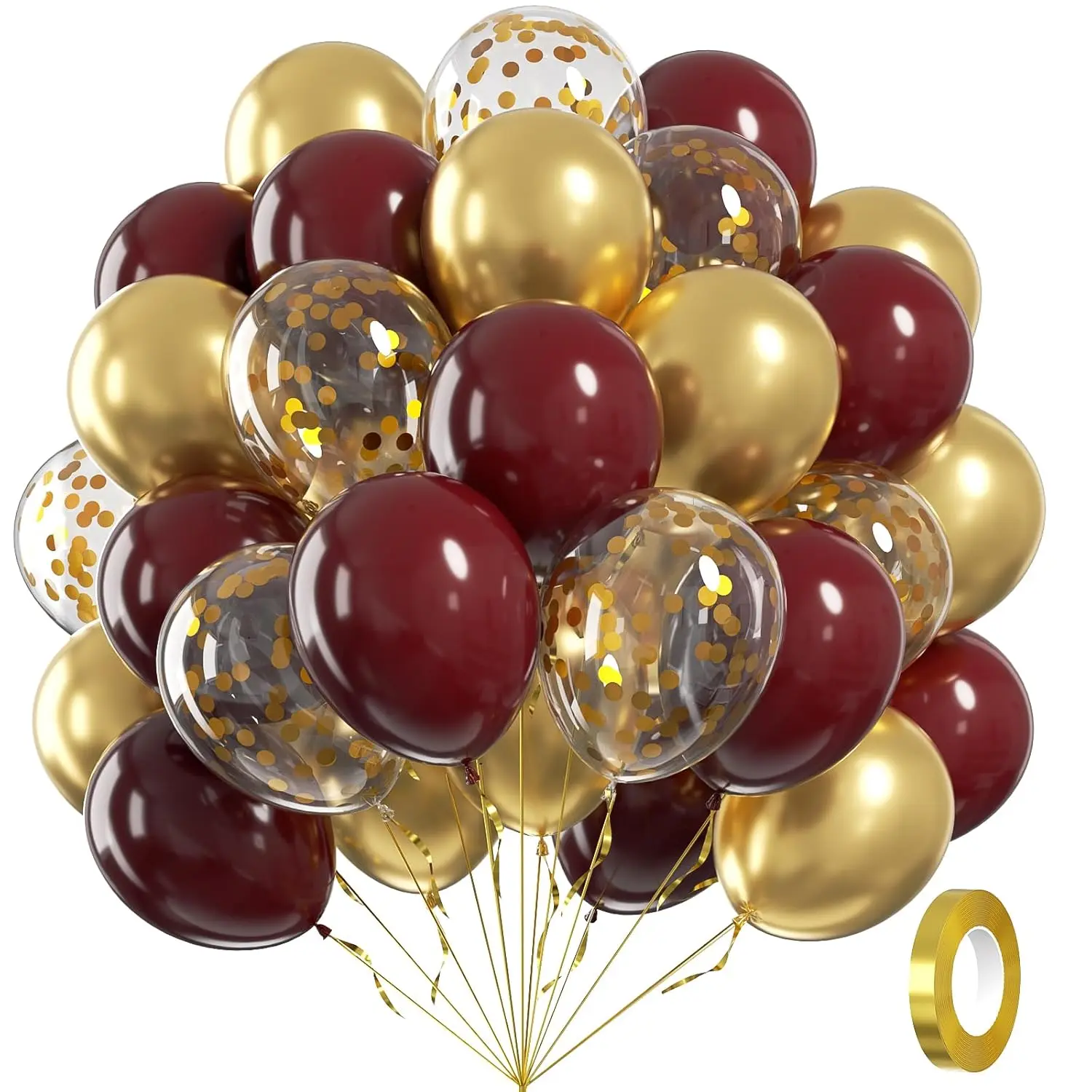 60-Piece Burgundy and Gold Balloon Set with Confetti for Birthday, Graduation, and Bridal Parties