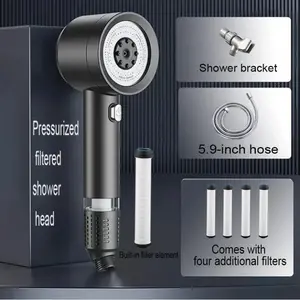 Pressurized Handheld Showerhead with Filtration. Includes Four Extra Filter Cartridges, a Shower Bracket, and a 59-Inch Stainless Steel Hose. Four Water Flow Modes: Rainfall, Mixed, Spray, and Jet.  Perfect Bathroom Accessory. massaging head brush