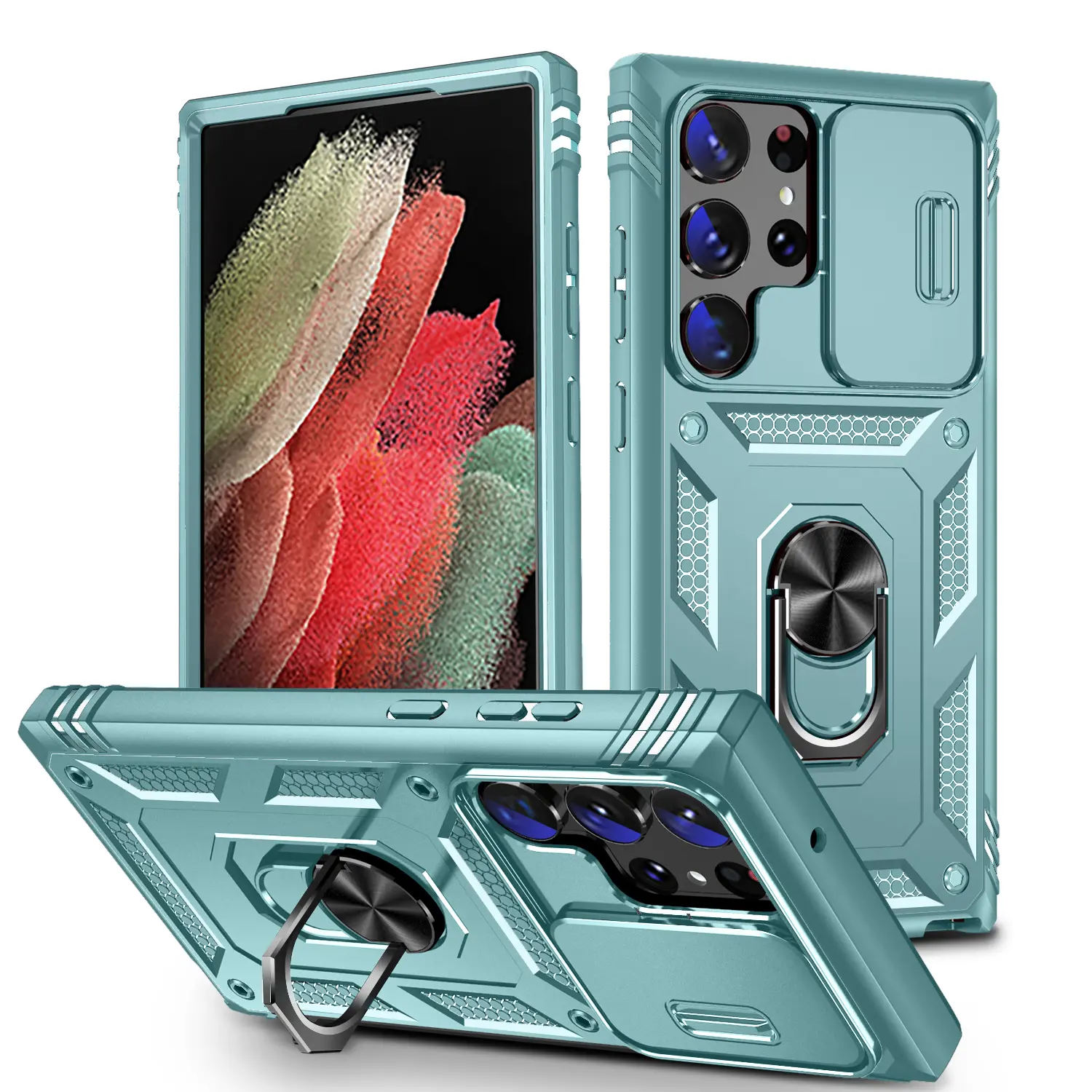 for Samsung Galaxy S25 S24 S23 S22 S21 Ultra Case Slide Camera 2 in 1 Heavy Duty Back Cover with Finger Ring Stand Privacy Lens Protective Case for S23 FE S24 Plus Slim Cases