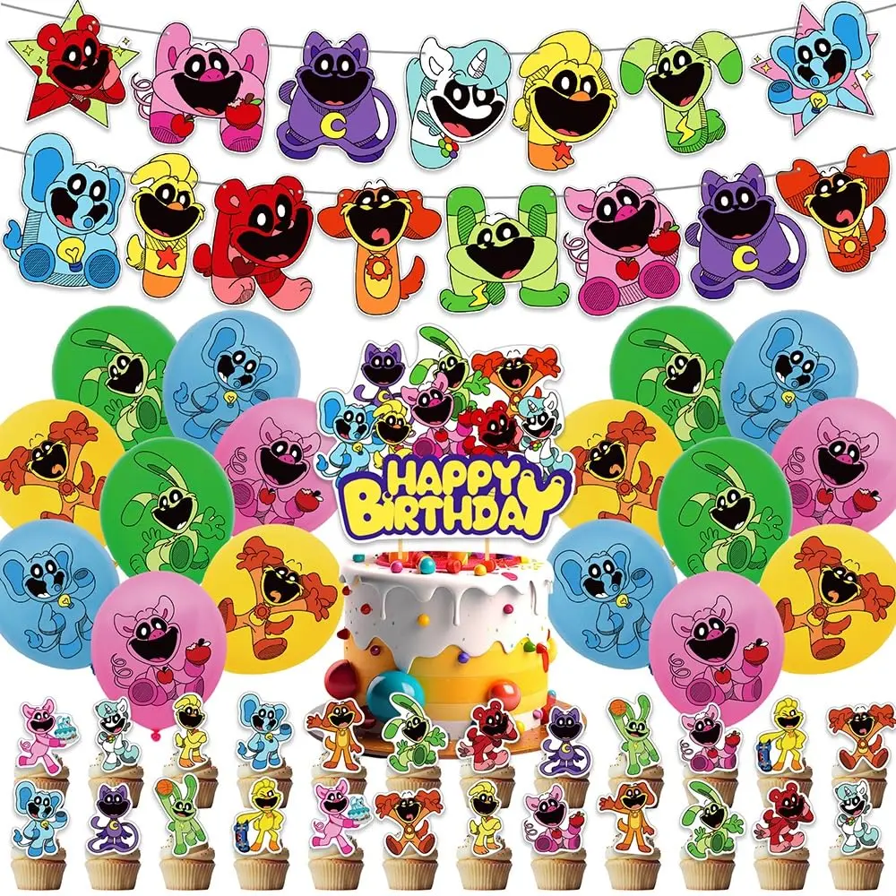 Eco-Friendly Durable PVC Smiling Critters Children's Party Supplies Set (42pcs) - Unisex Decor Kit with Banner, 16 Balloons, Cake Topper, 24 Cupcake Toppers, Hanging Swirls for Happy Birthday Balloon Decor