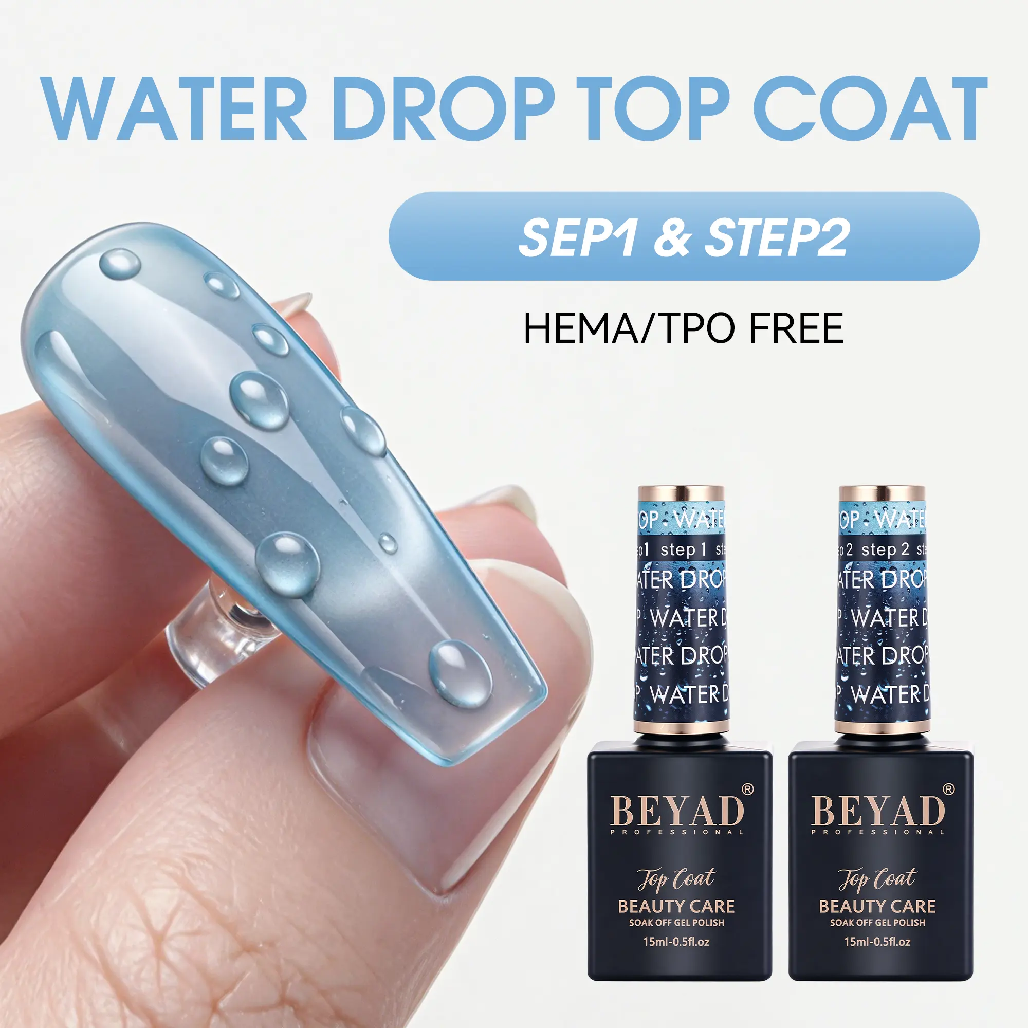 Beyad 3D Water Drop Gel Top Coat Set (2×15ml Bottles) - No Wipe High Gloss UV/LED Gel Polish for Manicure, 3D Nail Art, Nail Care Cosmetic Beauty Products, Gel Nail Polish Kit
