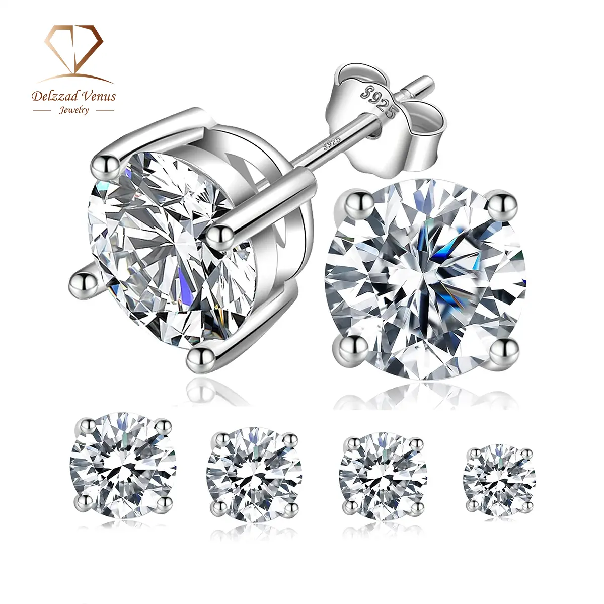 DELZZAD Brilliant Round Moissanite Stud Earrings for Men and Women, S925 Sterling Silver Hypoallergenic Jewelry, D Color VVS Anniversary Gift, Brilliant Stud Earrings, Shining Earrings