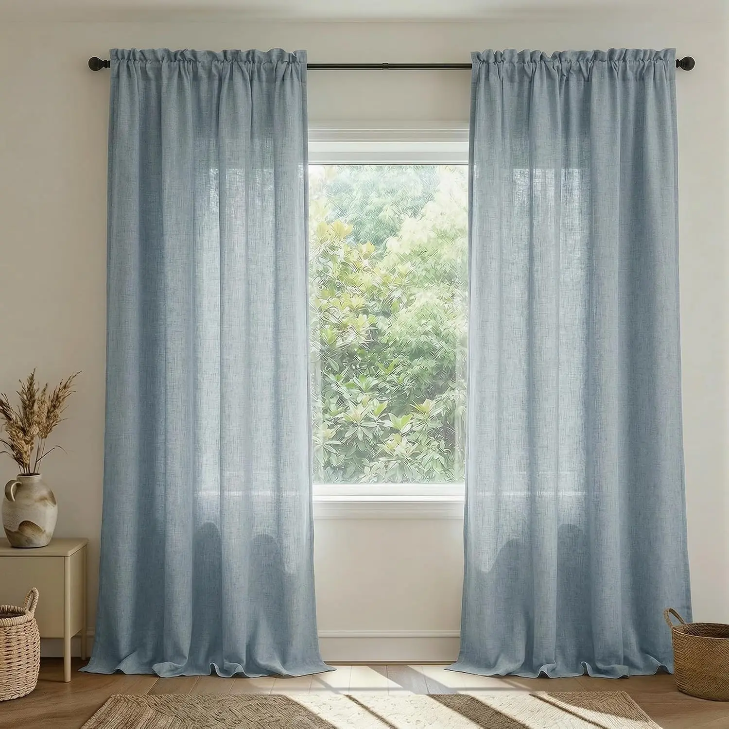 Dusty Blue Coastal Linen Curtains 84 Inch Length for Living Room, Slate Grey Blue Semi Sheer French Country Farmhouse Light Filtering Drapes, Stone Denim Chambray Curtains for Bedroom, Cortinas Azules