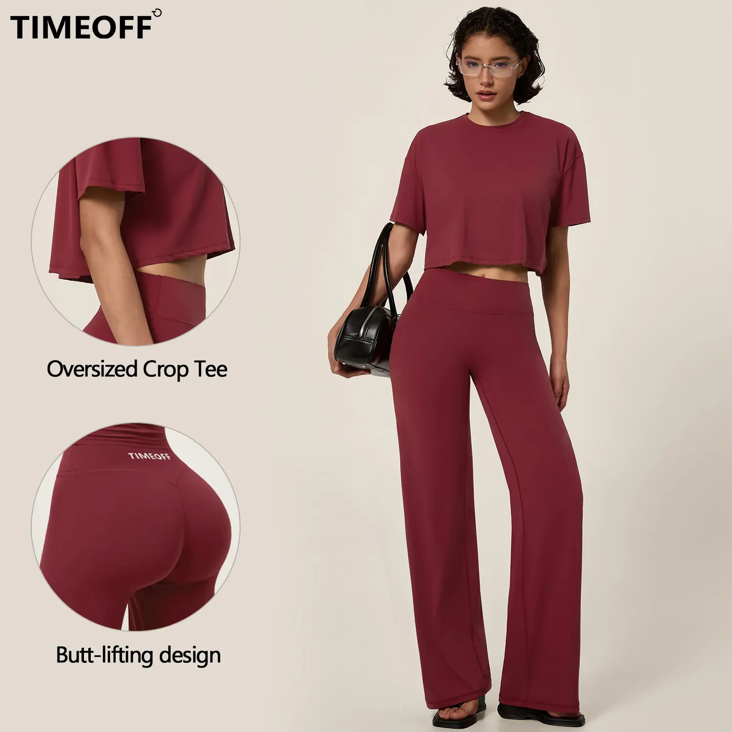 TIMEOFF-Oversized Crop Top & High Waist Wide Leg Pants Active Set, Relaxed Short Sleeve Top With Butt Lifting Trousers, Soft Breathable Fabric, Slim Shaping Without Tight Restraint, Ideal For Daily Wear, Yoga, Casual Outings And Light Sports Activities