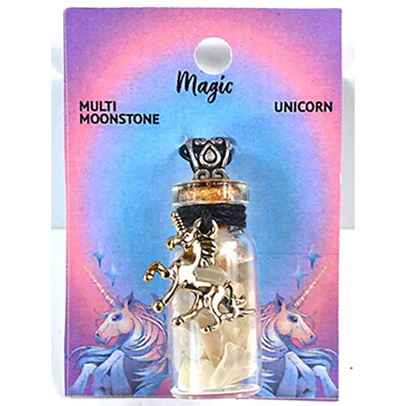 Moonstone Chips Unicorn Bottle Necklace — Crystal Vial Pendant