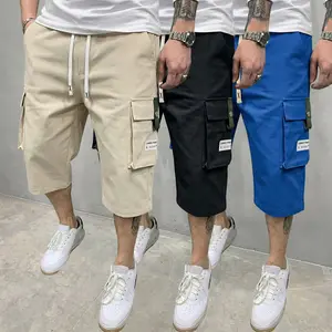 Men’s cargo 7/8 pants, 3-pack, featuring multiple pockets and a drawstring design; comfortable and breathable, suitable for everyday street-casual wear in summer.