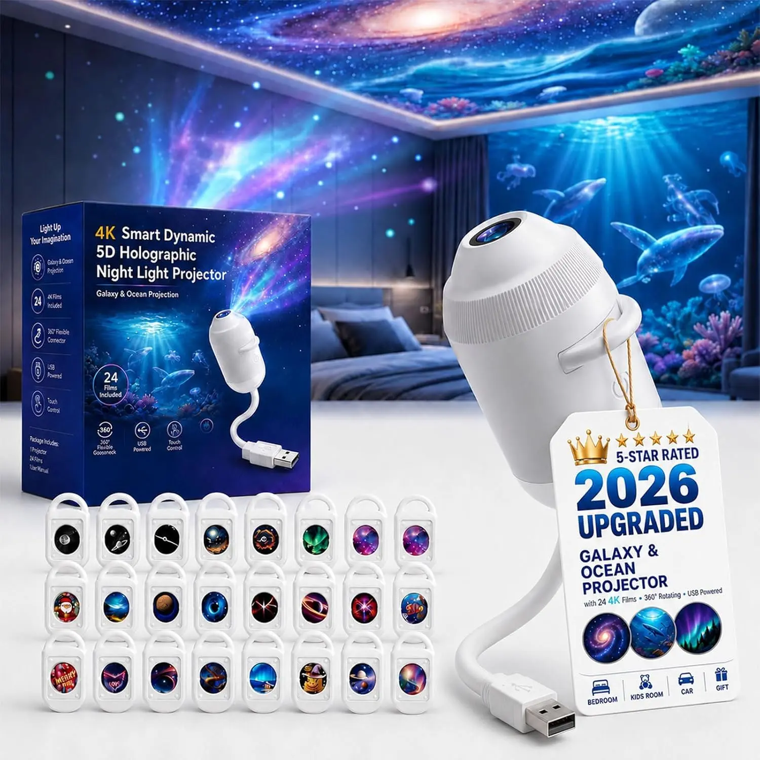 2026 Upgraded HD Smart Dynamic 5D Holographic Night Light Projector with 24 Films, Plug and Play HD Star Projector, 2-in-1 Galaxy Star Projector, 360 Rotating, USB Powered (With 24 Films)