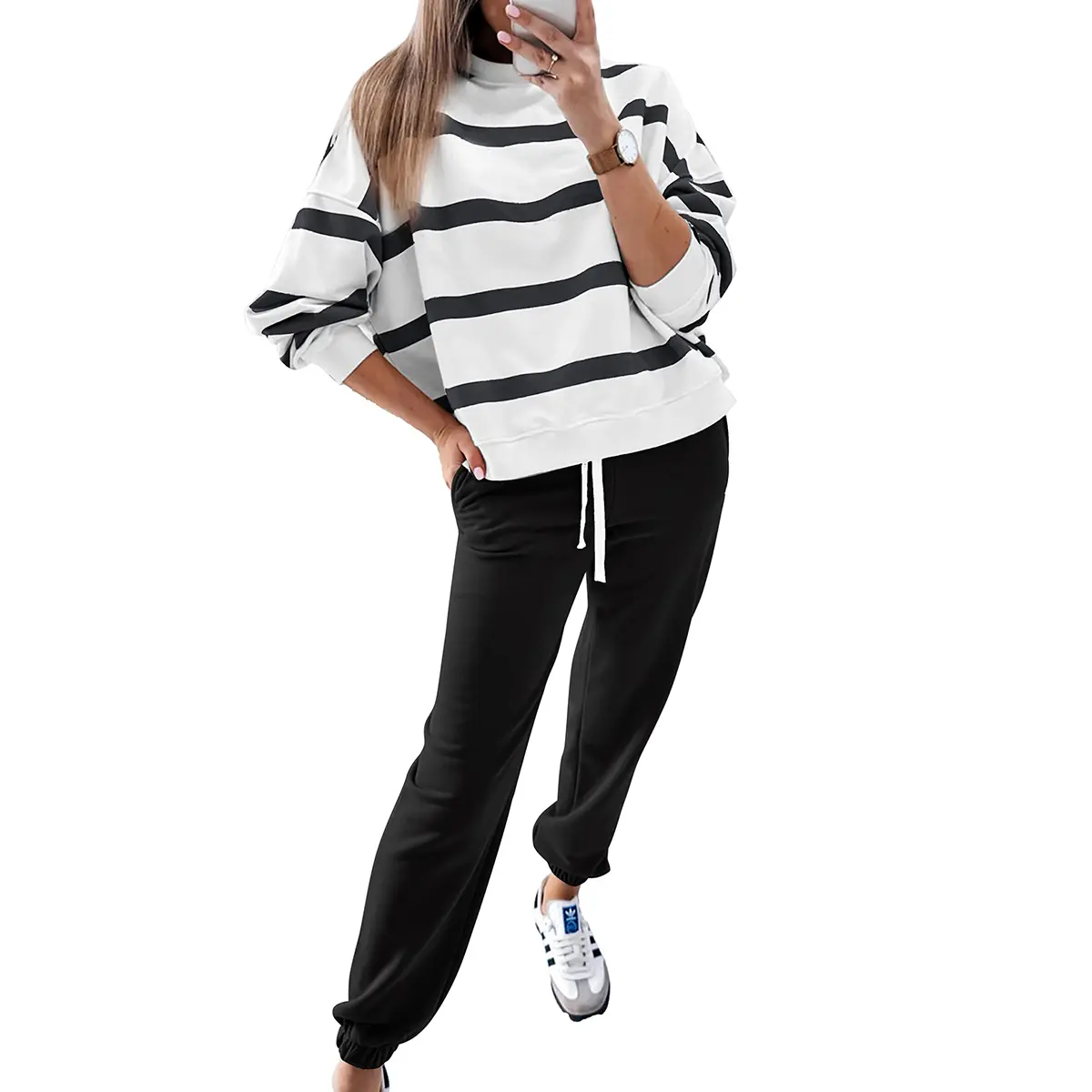 Mntaor Women's Striped Two Piece Outfit Long Sleeve Drop Shoulder Pullover Tops & Jogger Pants Sets Casual Style Comfortable Everyday Wear,Winteroutfit