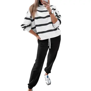 Mntaor Women's Striped Two Piece Outfit Long Sleeve Drop Shoulder Pullover Tops & Jogger Pants Sets Casual Style Comfortable Everyday Wear,Winteroutfit