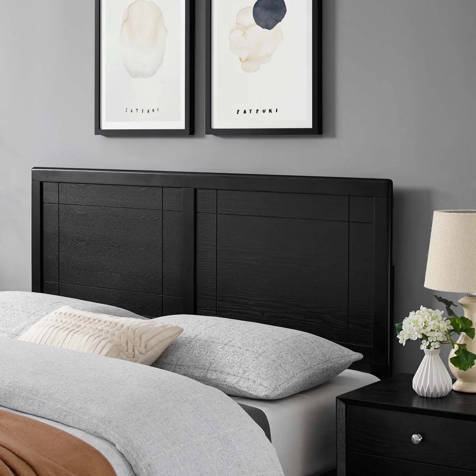 Modway Archie King-Size Wood Headboard - Organic Rubberwood Veneer, Window-Design Matte Black Traditional Bedframe Component, Interchangeable Windows, Assembly Required Indoor Furniture Headboard, Retro