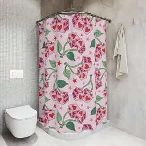 1pc Floral Shower Curtain For Bathroom Pink Fruity Coquette Collage Shower Curtain, Spring Themed Shower Curtain, Cherry Dice Shower Curtain, Girl Gift, Housewarming Gift, Home Decor  Mother's Day Gift Shower Curtains