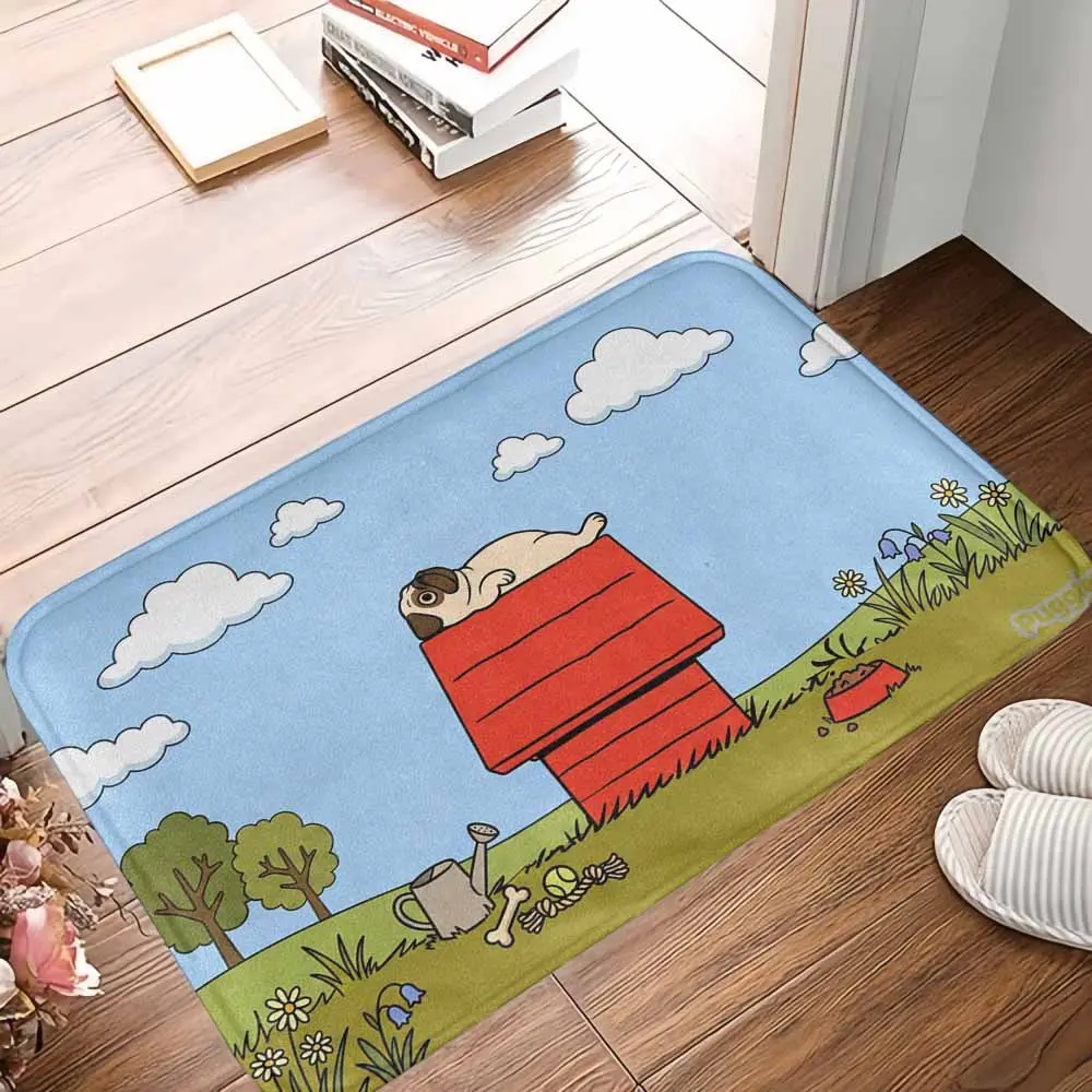 Cute Pug Cartoon Printed Floor Mat  Funny Relaxing Dog House Design  Soft Non Slip Washable Area Rug  Perfect for Living Room  Bedroom  Office  Pet Corner  Housewarming Gift  Relaxing Decor Style, Animal Themed Rugs, Durable Decorative Mat
