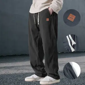 Men’s corduroy wide-leg pants, retro high-street style, loose straight fit with a drapey feel, drawstring design—trendy and versatile casual long pants for spring and autumn, comfortable for everyday streetwear wear.