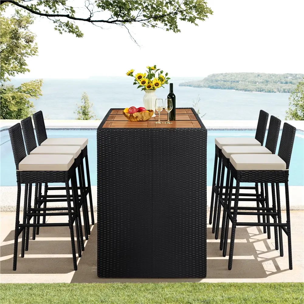 Costoffs 7-Piece Heavy-Duty High Top Outdoor Patio Bar Lounge Furniture Set - 4 Packages Delivery, All-Weather Rattan, Wood Tabletop Dining Table, 6 Foam Cushioned Barstools, 220lb Capacity, Anti-Rust Powder-Coated Design for Garden Party, Backyard Oasis