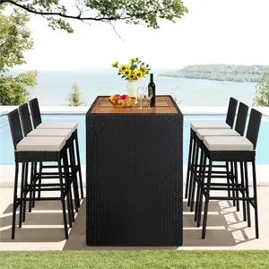 Costoffs 7-Piece Outdoor Bar Set with Wood Tabletop, All-Weather Rattan Dining Table & 6 Cushioned Stools, for Patio, Garden & Poolside