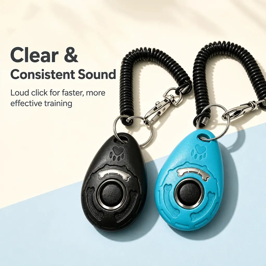 Pet Training Clicker Tool with Spring Wrist Strap & Keyring, Handy Behavior Aid for Puppy Potty Training, Dogs, Cats & Birds