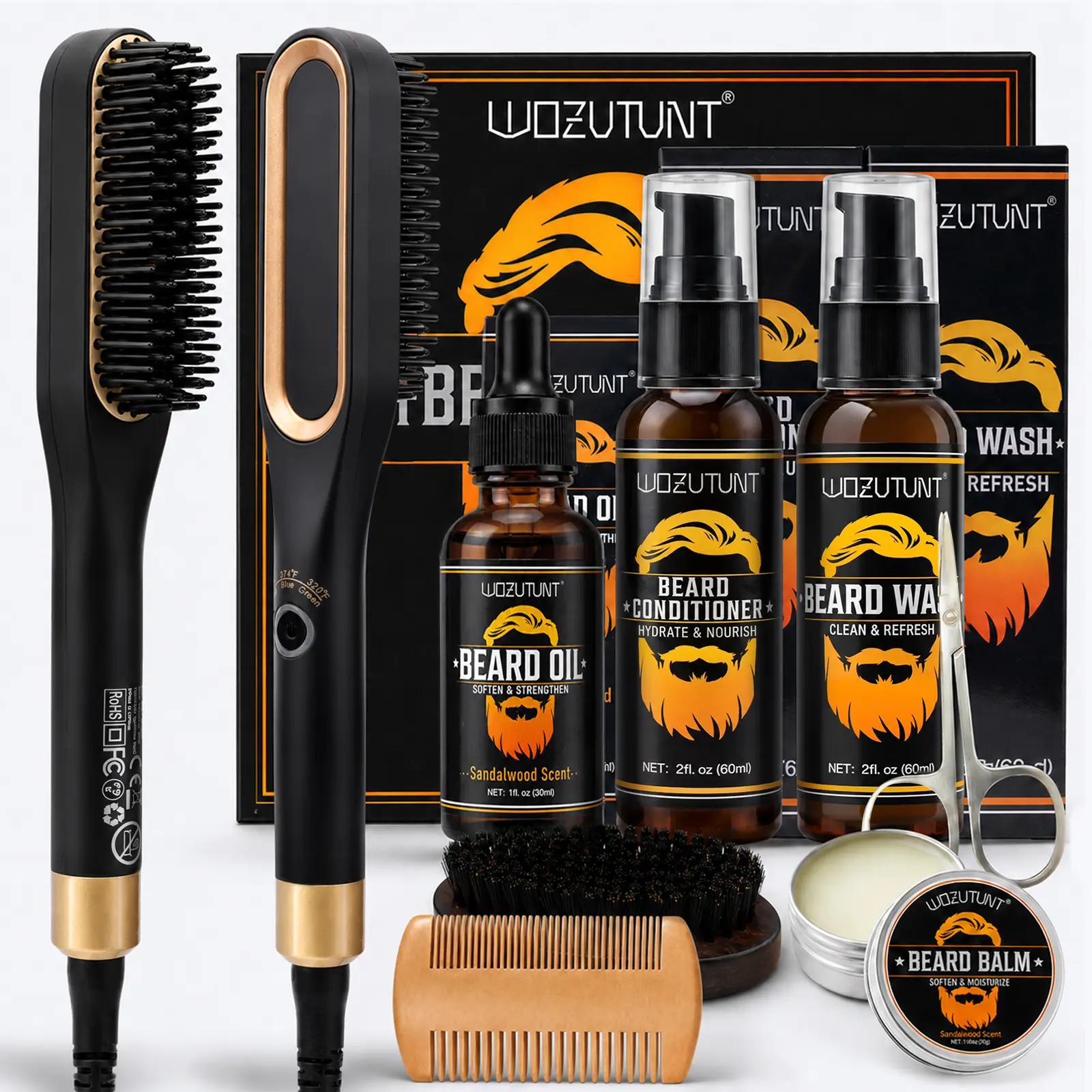 Heated Hair Straightening Brush for Men Beard Straightener Grooming Kit for Men, Beard Growth Kit, Wash, Brush & Comb, Growth Oil, Beard Balm, Conditioner, Scissors, Great Gift Idea for Men