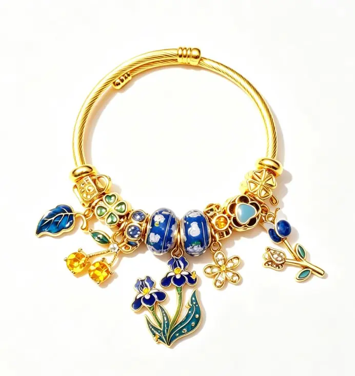 Vintage Blue Iris Floral Gold Cable Bangle, Enamel Flower Leaf Crystal Charms Twist Bracelet for Daily Vacation Wear