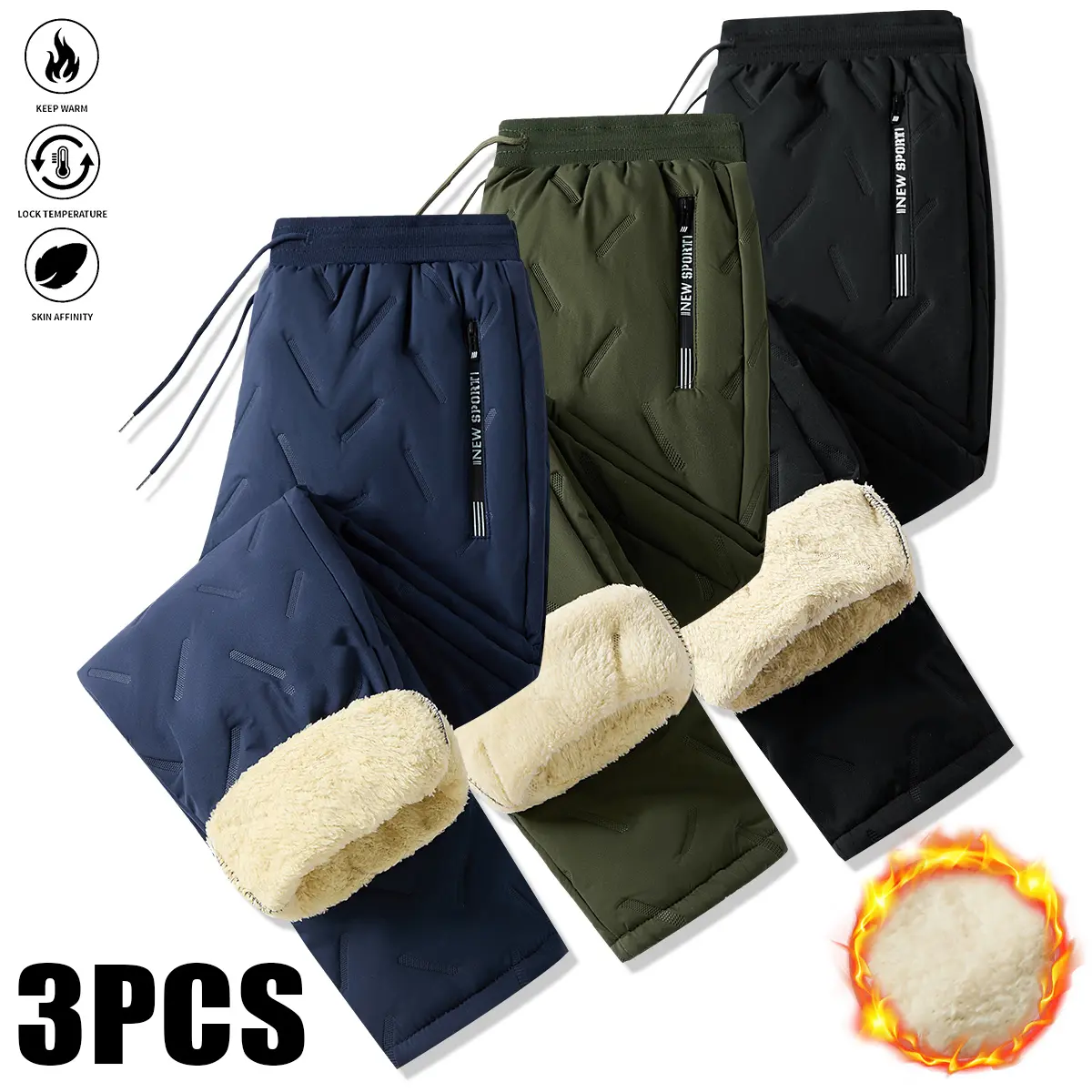 Men's 3-Pack Heavyweight Thermal Long Johns, Fleece Lined Base Layer for Outdoor Cold Ready Wear with Fleece Warmth, Drawstring Waist & Side Zip Pockets, No