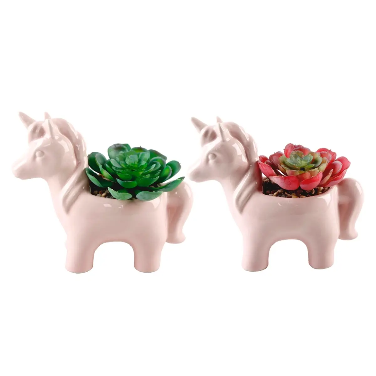 Flora Bunda CS2267E2-PK Whimsical Pink Ceramic Unicorn Planter Set of 2, Indoor Decor Garden Pot for Succulents