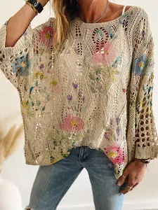 Women's Knitted Lightweight Long Sleeve Top, Casual Elegant Commuter Wear, Gradient Floral Print, Batwing Shoulder, All Seasons, Knitwear