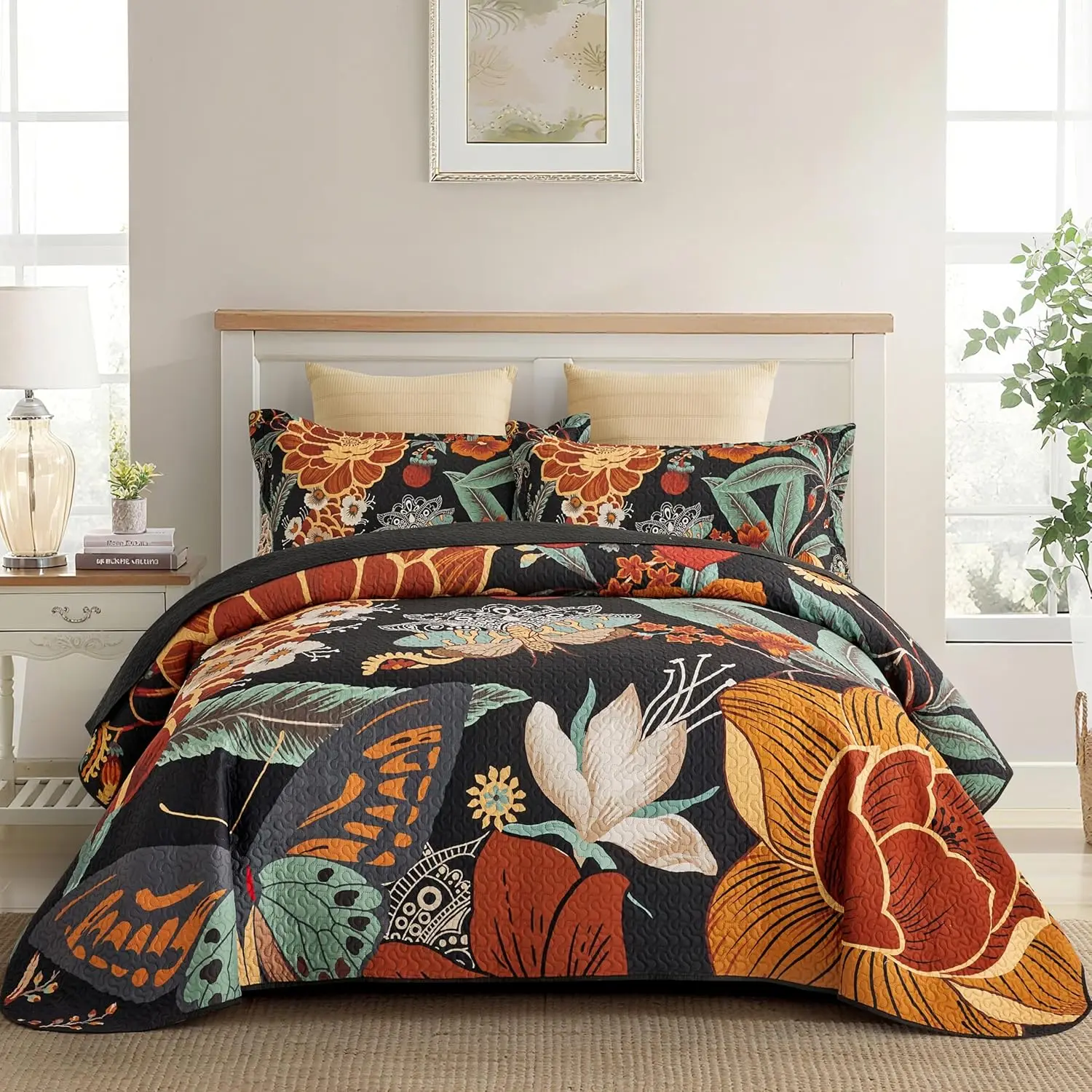 3 count Black Boho Floral  Size Quilt Sets Reversible Farmhouse Botanical Lightweight Bedspread Coverlet with 2 Shams Butterfly Microfiber Bedding Quilts Set for  Season, 106''x96''