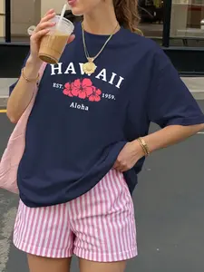 Women's Hawaii Aloha Hibiscus 2-Piece Outfit | Oversized Navy Graphic T-Shirt & Pink Striped Shorts Set | Trendy Y2K Summer Co-Ord Set for Beach Vacation, Coastal Getaways, Brunch & Tropical Aesthetic | 2026 Viral Coquette Soft Girl Aesthetic Matching Set