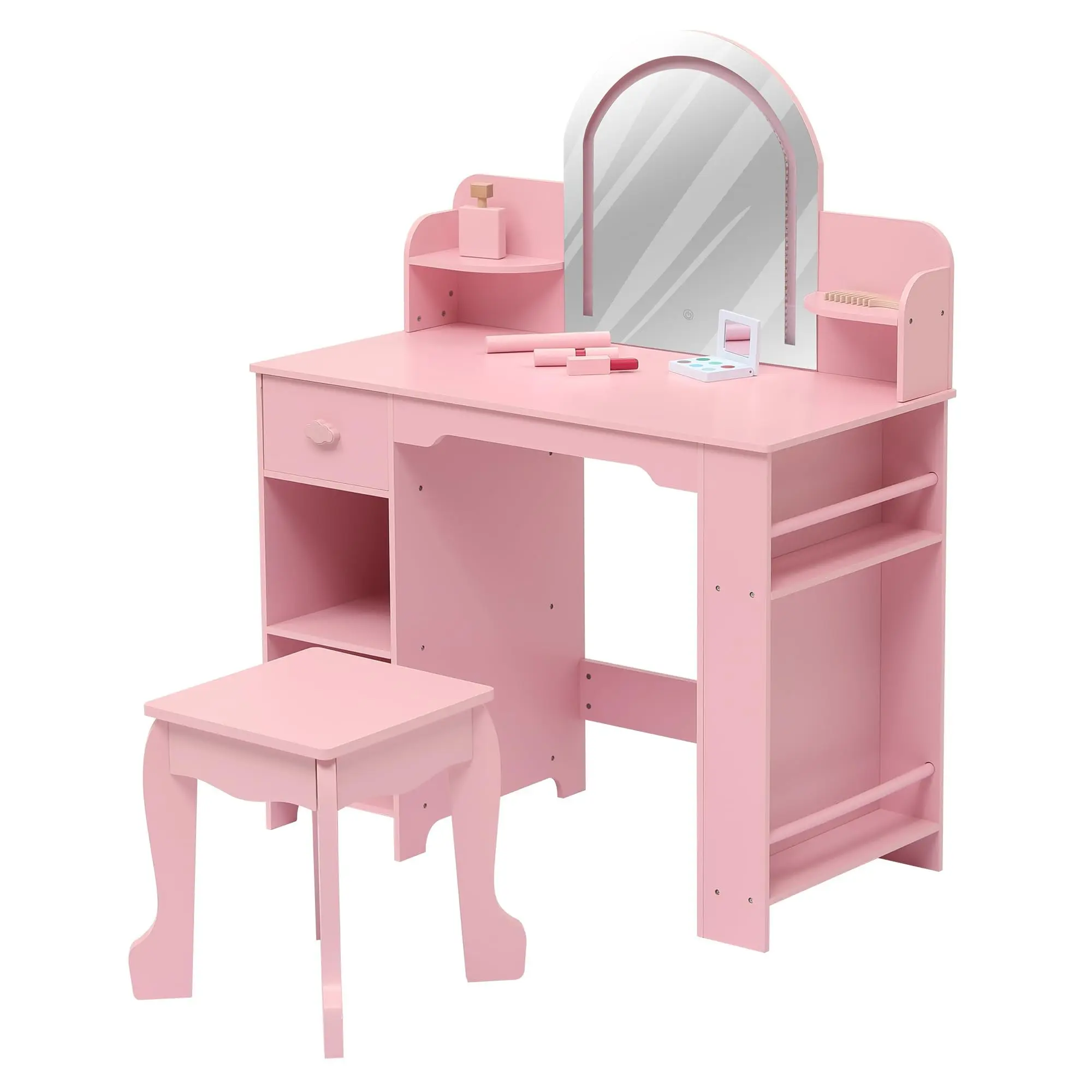 Garvee 2-in-1 Girls' Vanity Table and Stool Set with Adjustable LED Mirror, Storage Drawer, Open Shelves, Bookshelf, Accessories (3-9 Ages, Multiple Colors) - Birthday Gift, Vanity & Makeup Organization Indoor Furniture, Vanity Aesthetic
