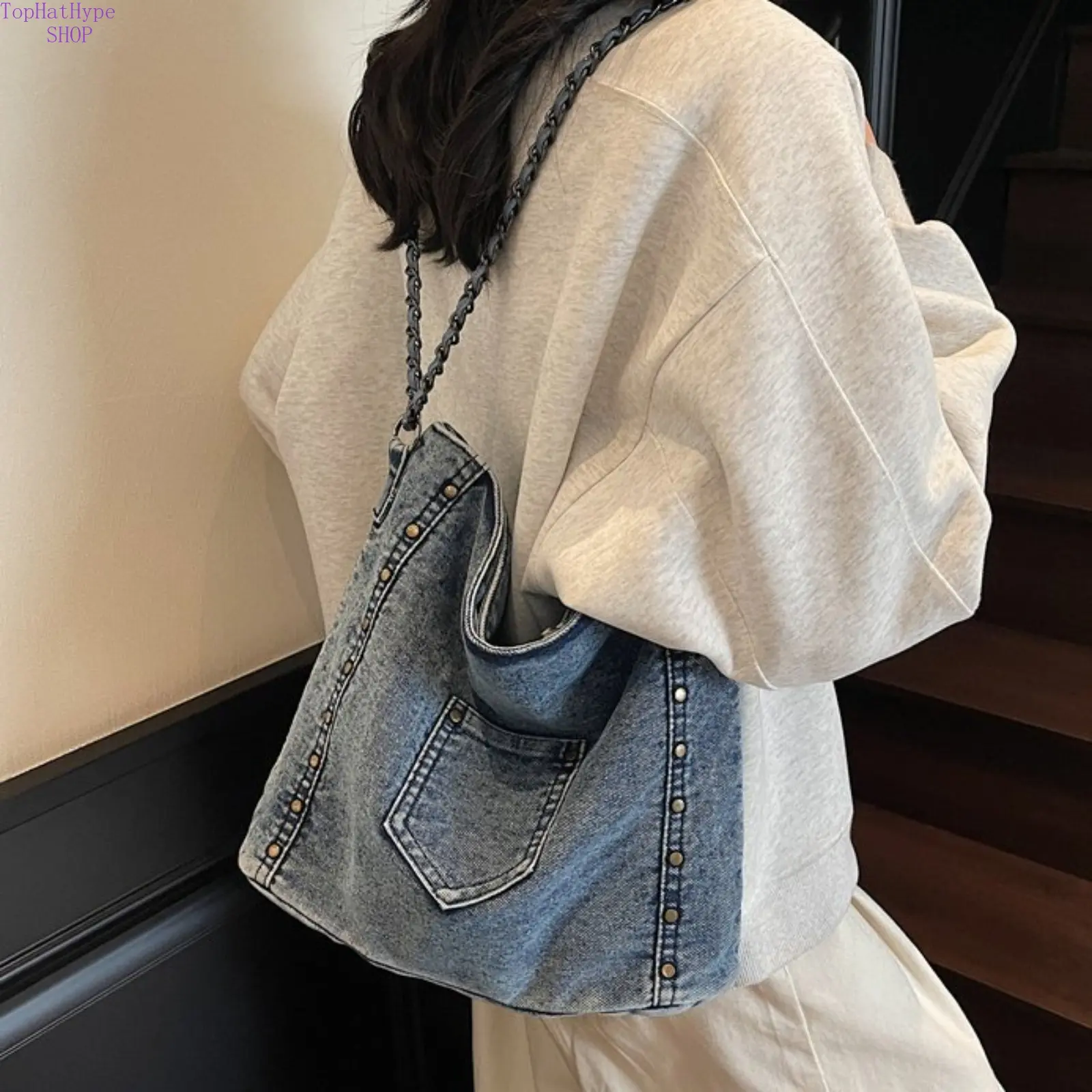 Women's Denim Crescent Shoulder Bag - Studded Crossbody Purse with Bold Punk Studs, Chain Strap, Punk Street Vibe for Streetwear