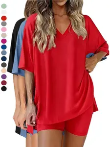 2026 V Neck 2 Piece Sets forSpringWomen Summer Casual Lounge Short Set SpringMatching Biker Shorts Oversized ShirtClothing Loungewear
