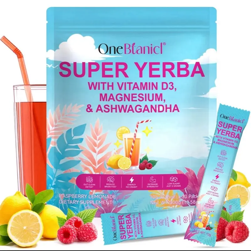 Super Yerba Mate Instant Powder, Yerba Mate with Lions Mane, Ashwagandha, Magbesium for Man & Women | Clean Energy & Focus Boost | Gut Support, Antioxidants | Raspberry Lemonade Flavor - 30 Servings