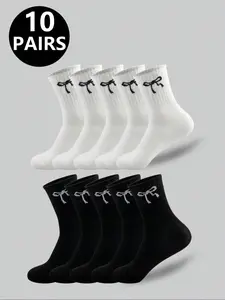 Breathable Bow Pattern Socks, 10 Pairs All-Season Wear, Comfortable and Stylish, Perfect for Daily Use, Women's Fashion Socks Set