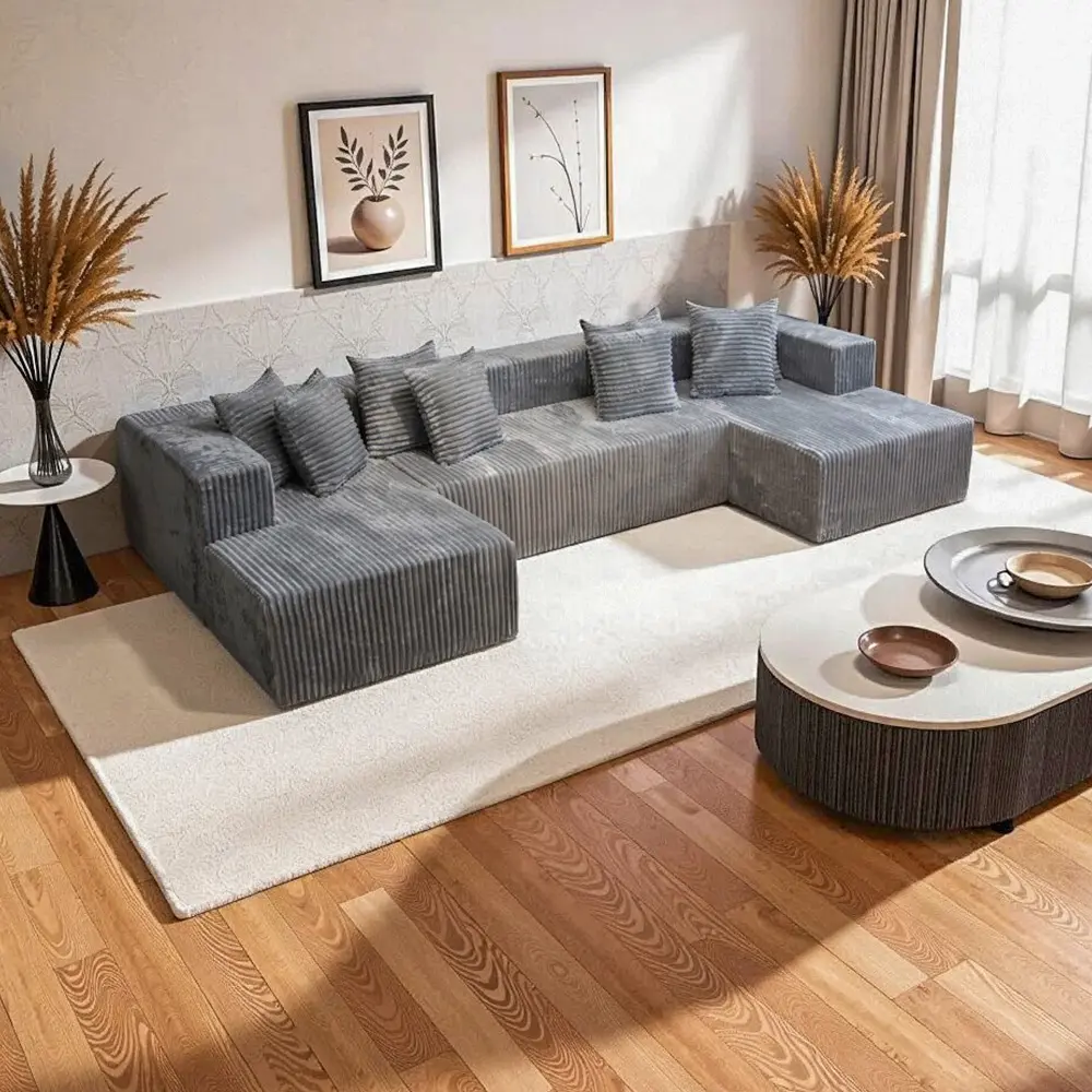 135'' U-Shaped Modular Convertible Sectional Sofa Bed - Fully Assembled Knitted Fabric Boneless Modern Upholstered Couches, Deep-Seat Living Room Fluffy Sofa Set, High-Density High-Resiliency Foam, 8-Pillow Support