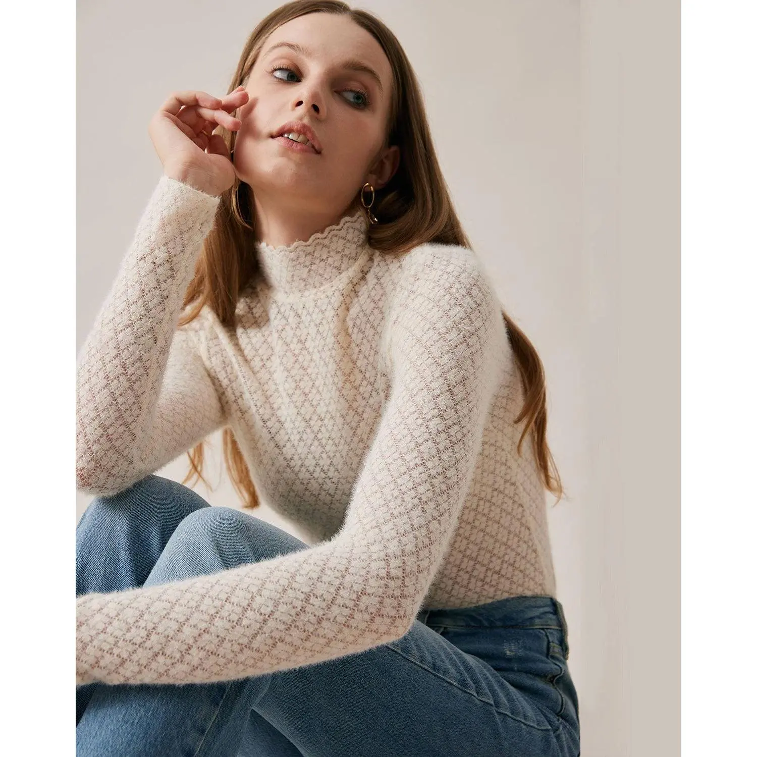 Rihoas Women's Regular Fit Floral See-Through Lace Knitted Pullover Tops - Polyester Ribbed Stretchy Fabric Dainty Romantic Thermal Underwear, Jumper, Casual, Cute, See-Through Knit Adds Airy Romance, Romantic Lace Style Elevates Basics, Floral Lace